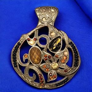 Amber Colored Stones Mixed Media Bronze Medallion 2.25 Inch Pendant!